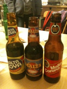The 3 varieties of Malta on offer at our friend Logan's house.